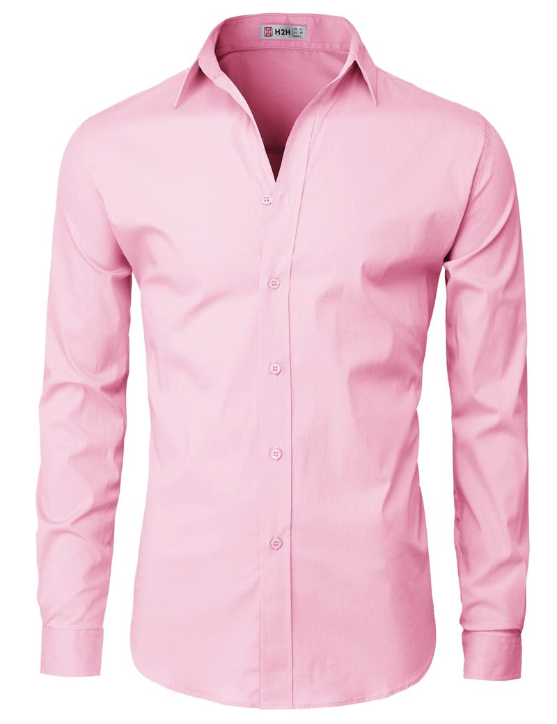 H2H Mens Casual Slim Fit Button Down Spandex Premium Long Sleeve Shirts Pink US L/Asia XL (CMTSTL0134) - Image 3